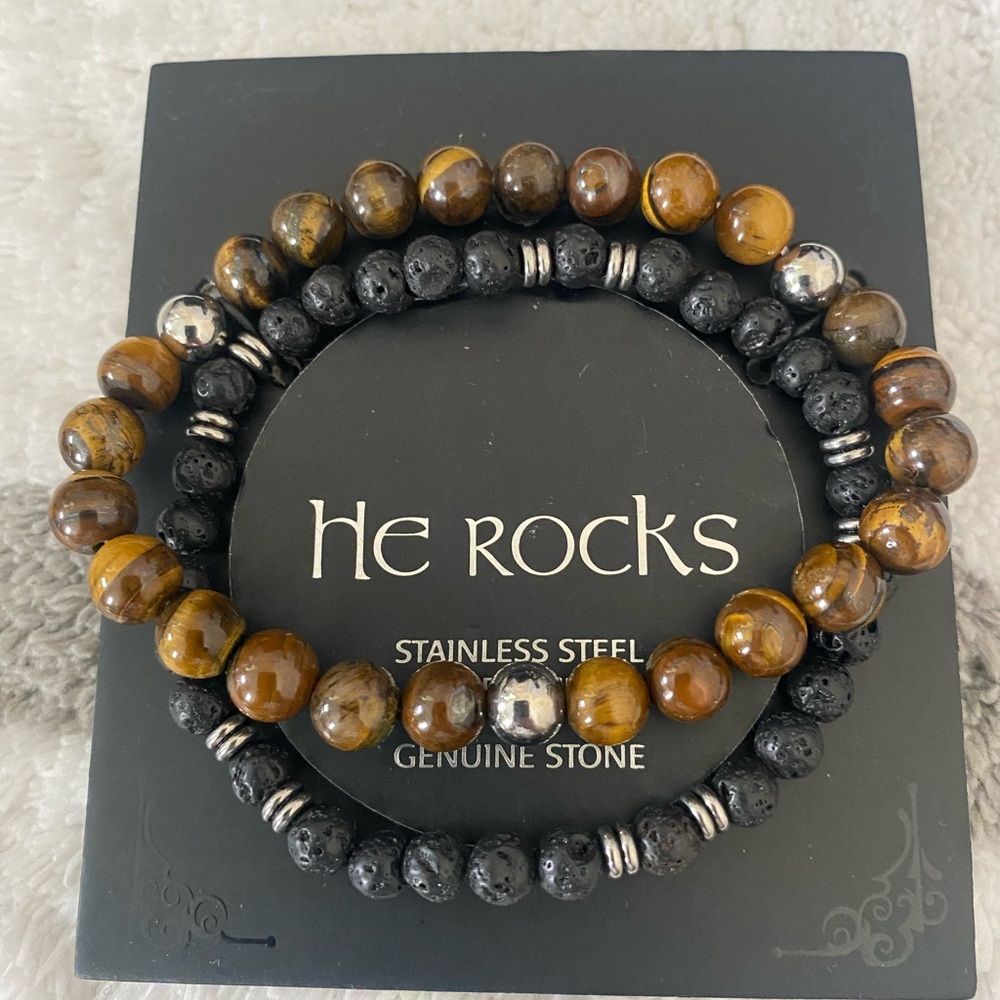 HE ROCKS Stainless Steel Bracelet 8.5” Genuine Stone